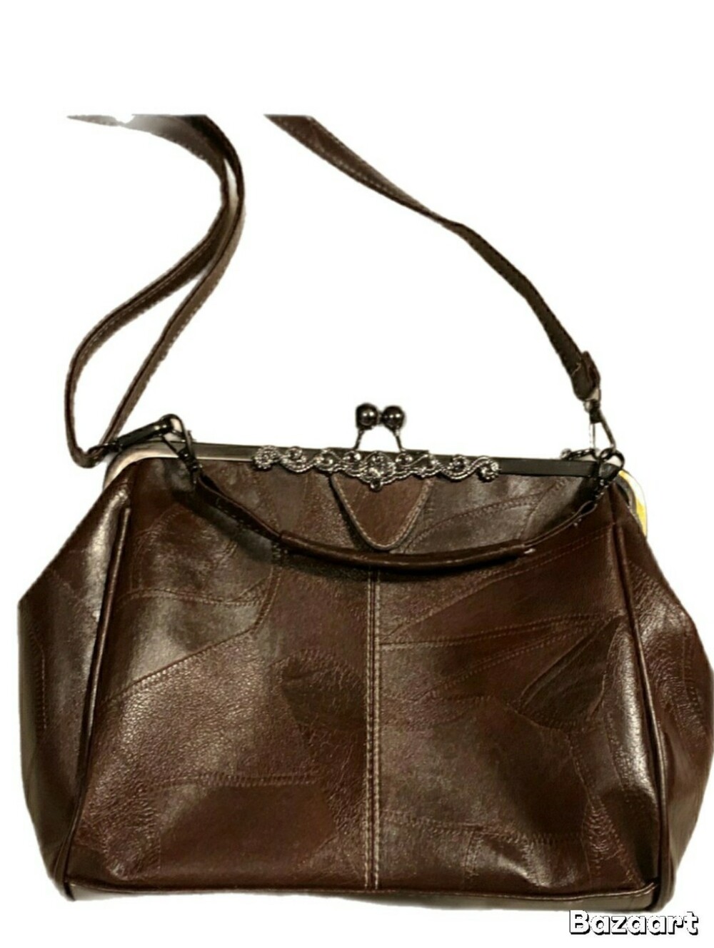 Classic Kisslock Crossbody Chocolate Brown Women's Leather Look Frame Satchel